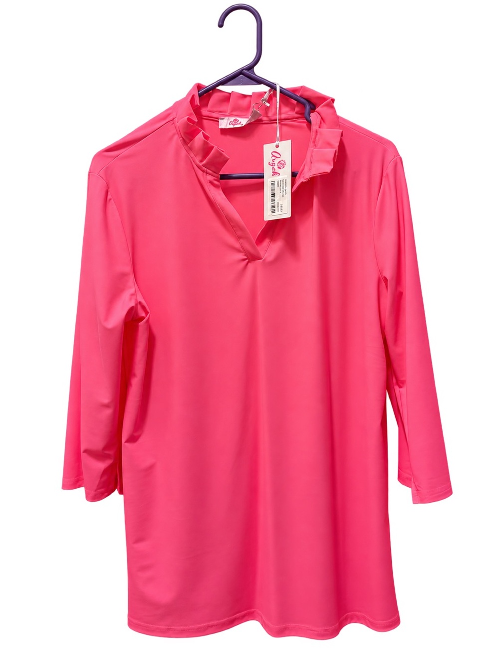 BNWT  Aryeh Coral Pink Ruffle-Neck Tunic Blouse – L